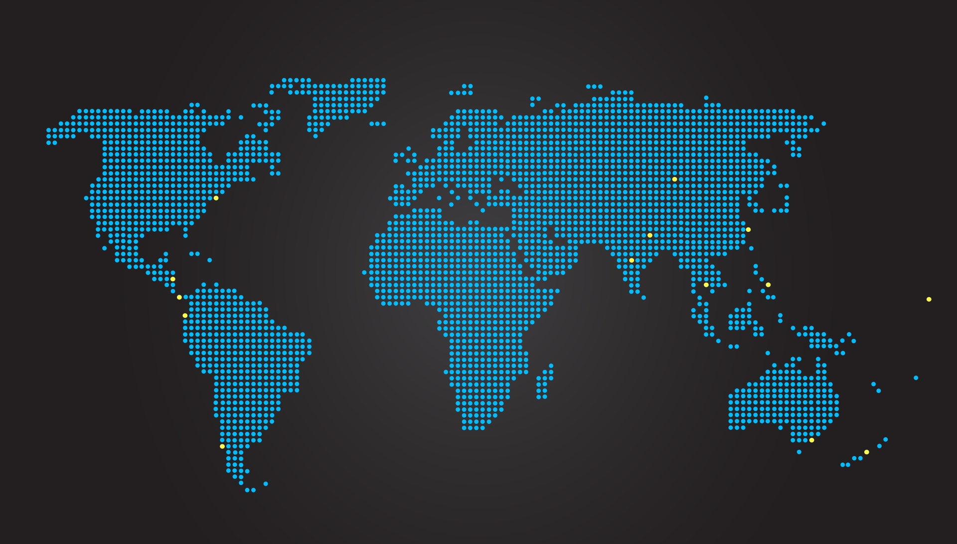 Dotted world map with yellow destination markers